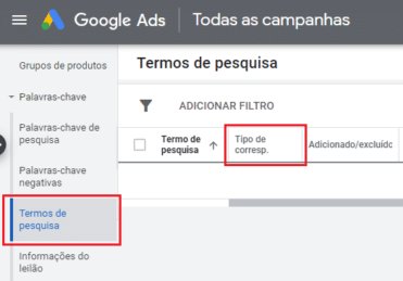 Cuidado a coluna Tipo de Correspondência no Google Ads Clinks