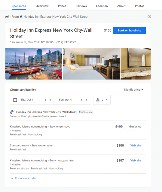 anúncio de promoção de hotel no google