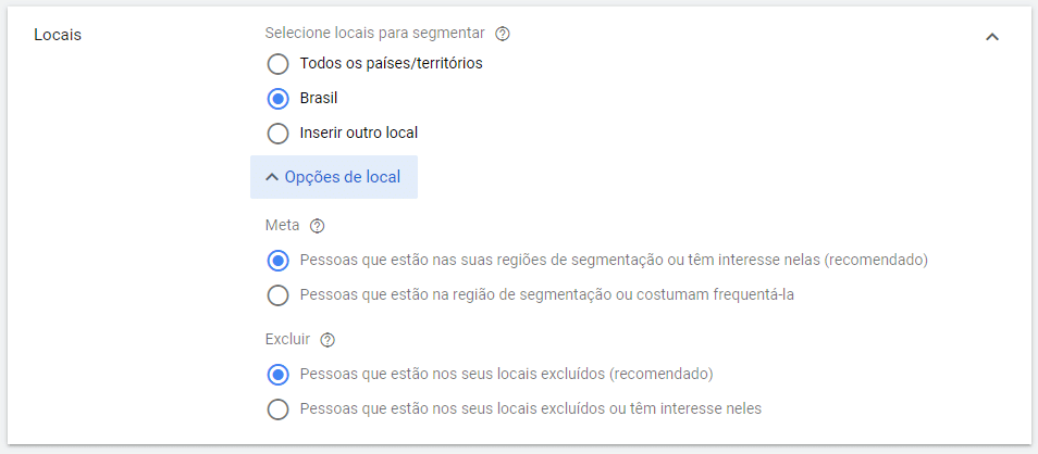 configurações locais