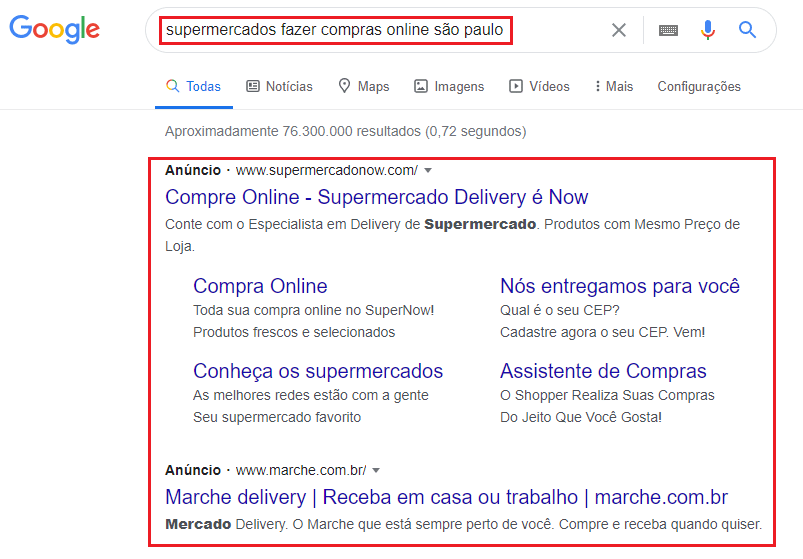 exemplo de anúncios de supermercado no Google